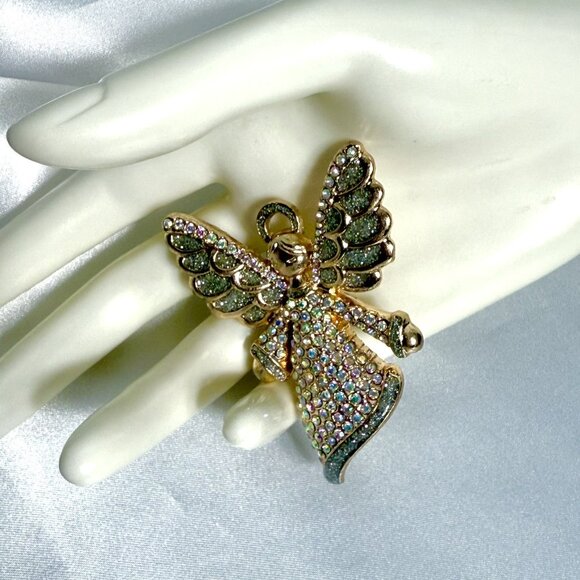 Vintage Angel Brooch Pin 2.5” – Gold Tone with Iridescent Rhinestones - Picture 2 of 7